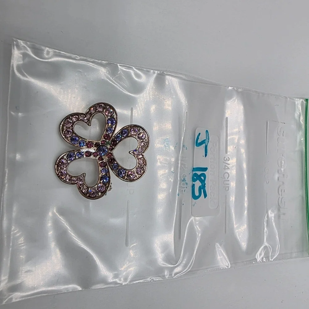 Vintage Liz Claiborne Silver Tone 3 Heart Multicolor Rhinestones Brooch Pin 1.5